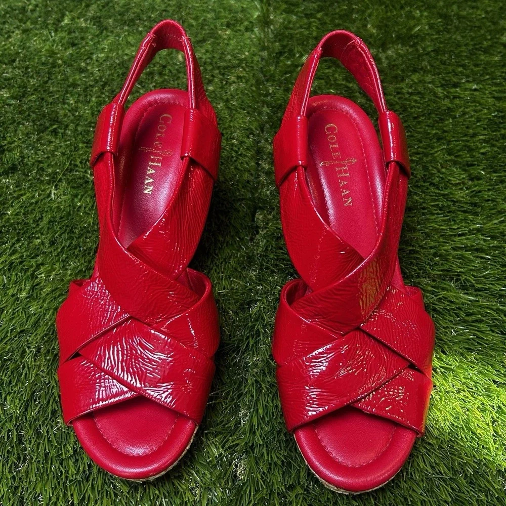 Cole Haan Air Tali‎ Red Patent Leather Crisscross Wedge Sandals Slingback 3.25